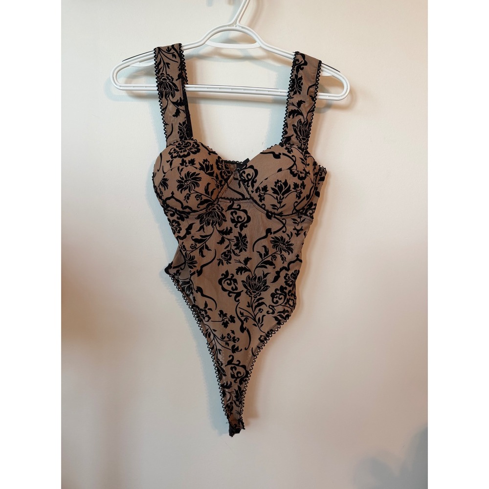 Windsor Black Flocked Floral Mesh Bustier Bodice Bodysuit Tan Nude Medium